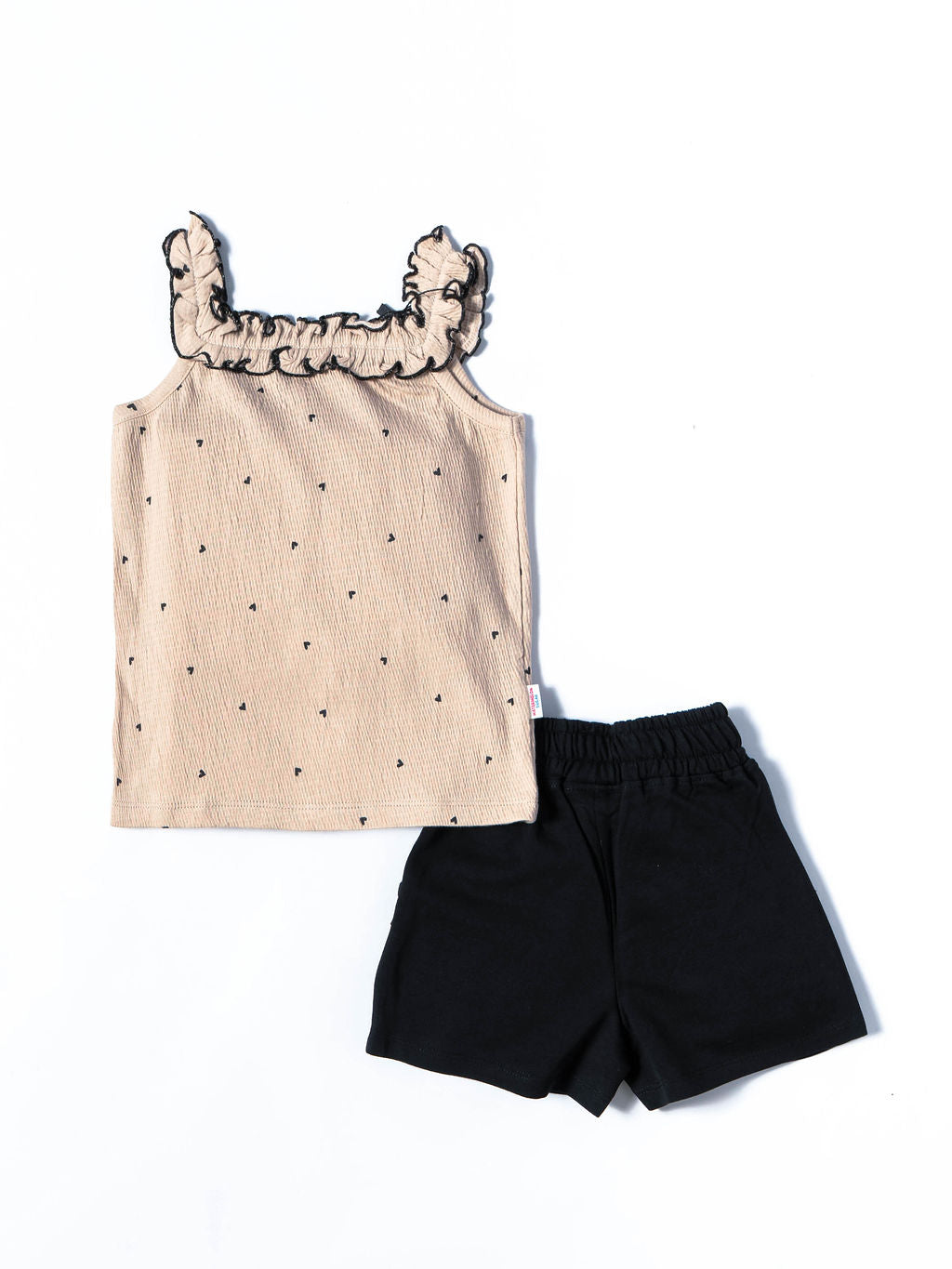 Heart Print Ruffle Top & Black Shorts Set (471)