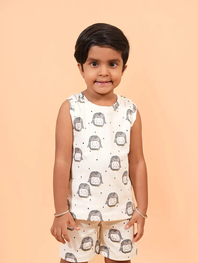Off-White Penguin Print Sleeveless Co-ord Set – Drop Needle Cotton (160)