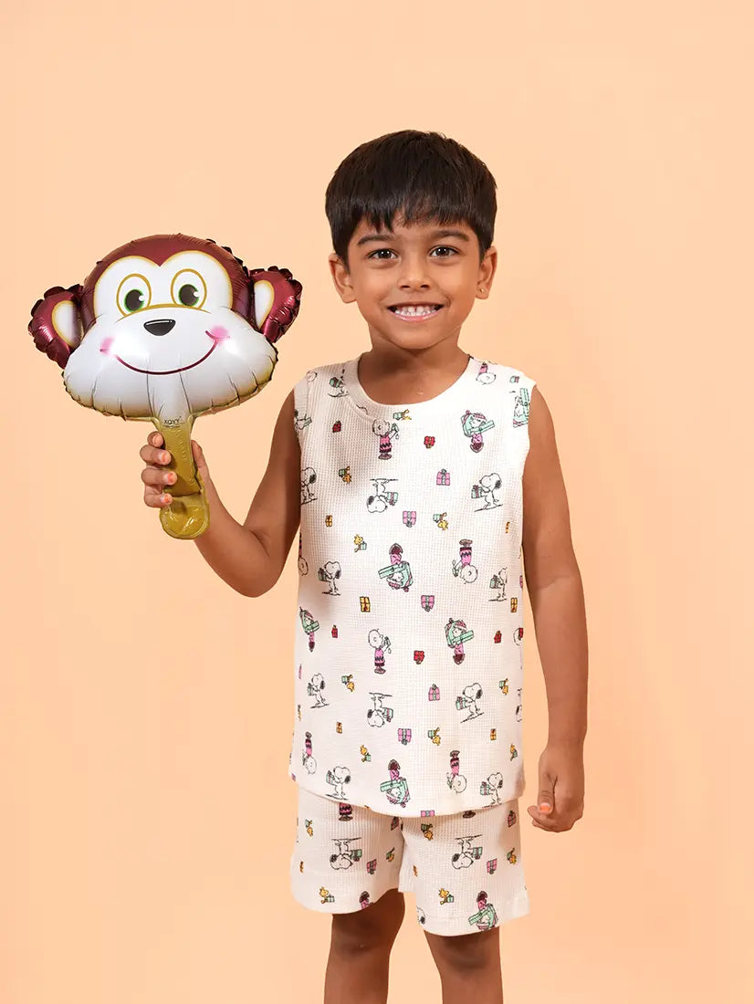 White Waffle Sleeveless Co-ord Set – Snoopy Print (173)