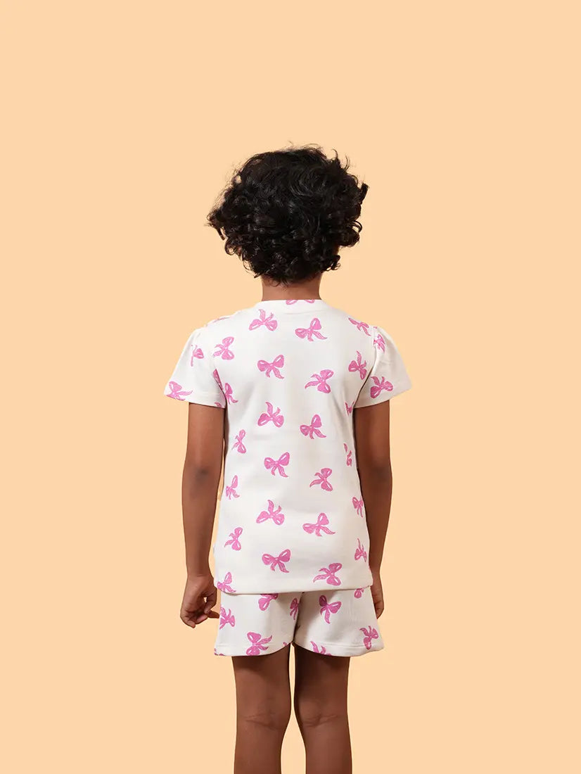 White & Pink Bow Puff Sleeve Co-ord Set (248)