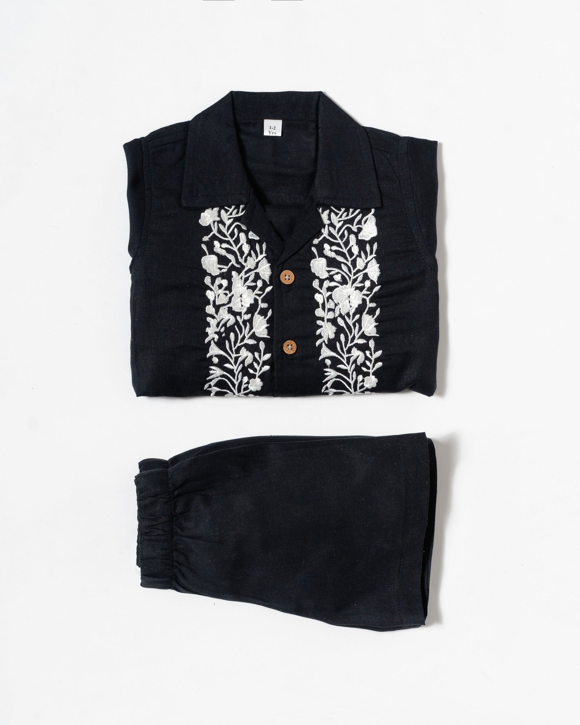 Black Linen Cotton Embroidered Co-Ord Set (385)