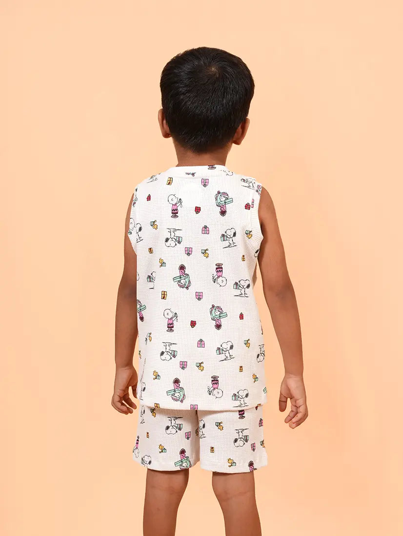 White Waffle Sleeveless Co-ord Set – Snoopy Print (173)
