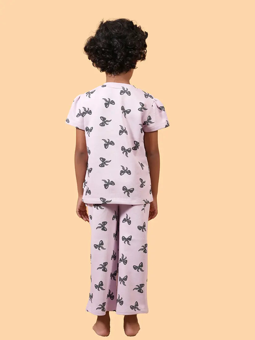 Girls Purple Bow Charm Puff Sleeve Co-ord Set (286)