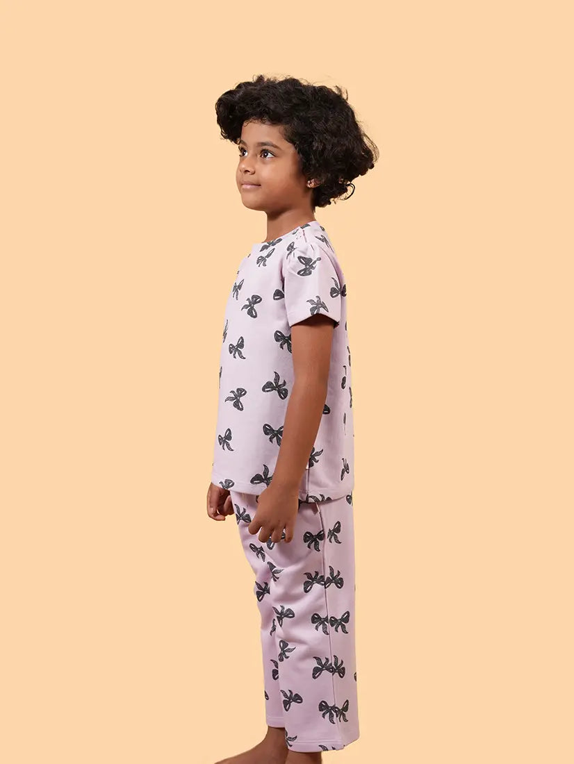 Girls Purple Bow Charm Puff Sleeve Co-ord Set (286)