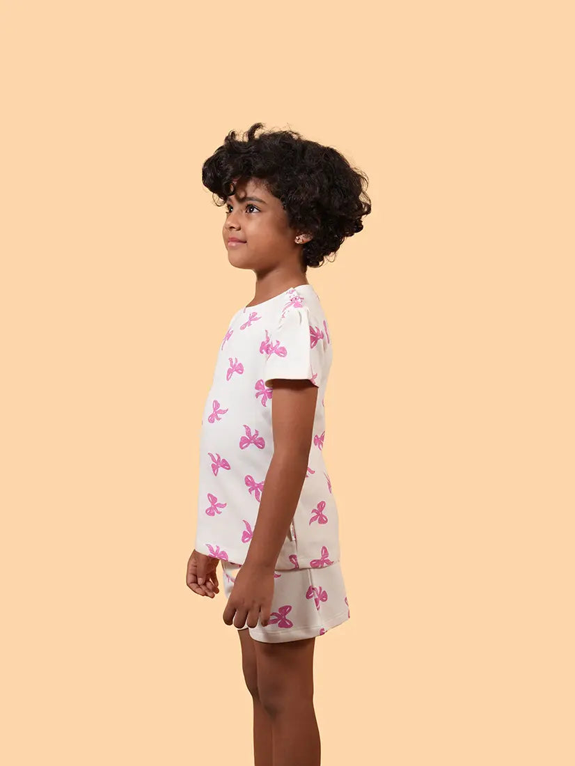 White & Pink Bow Puff Sleeve Co-ord Set (248)