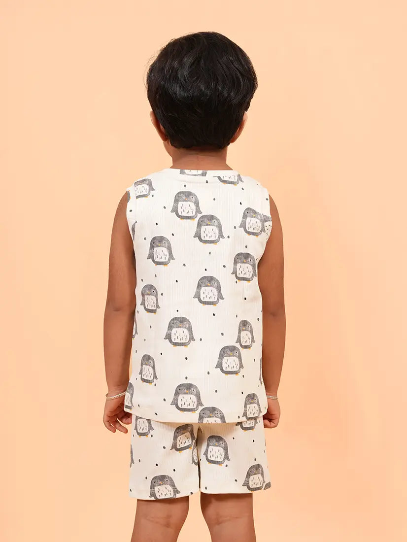 Off-White Penguin Print Sleeveless Co-ord Set – Drop Needle Cotton (160)