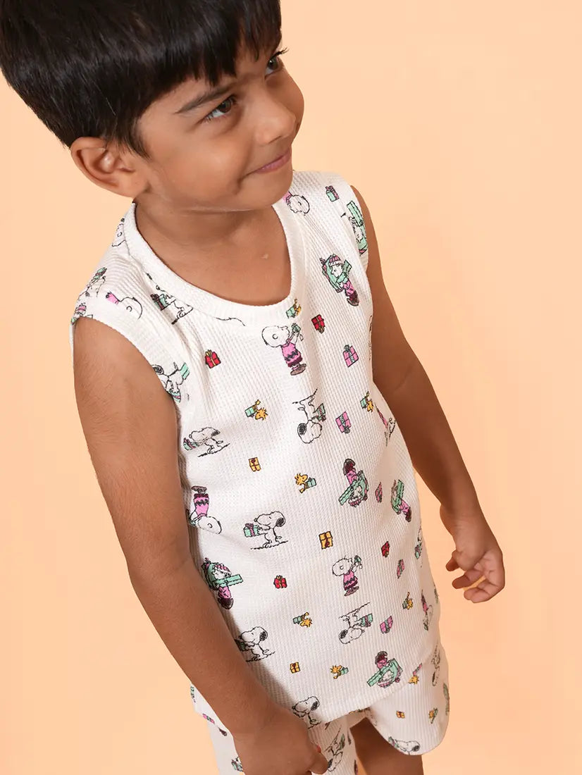 White Waffle Sleeveless Co-ord Set – Snoopy Print (173)