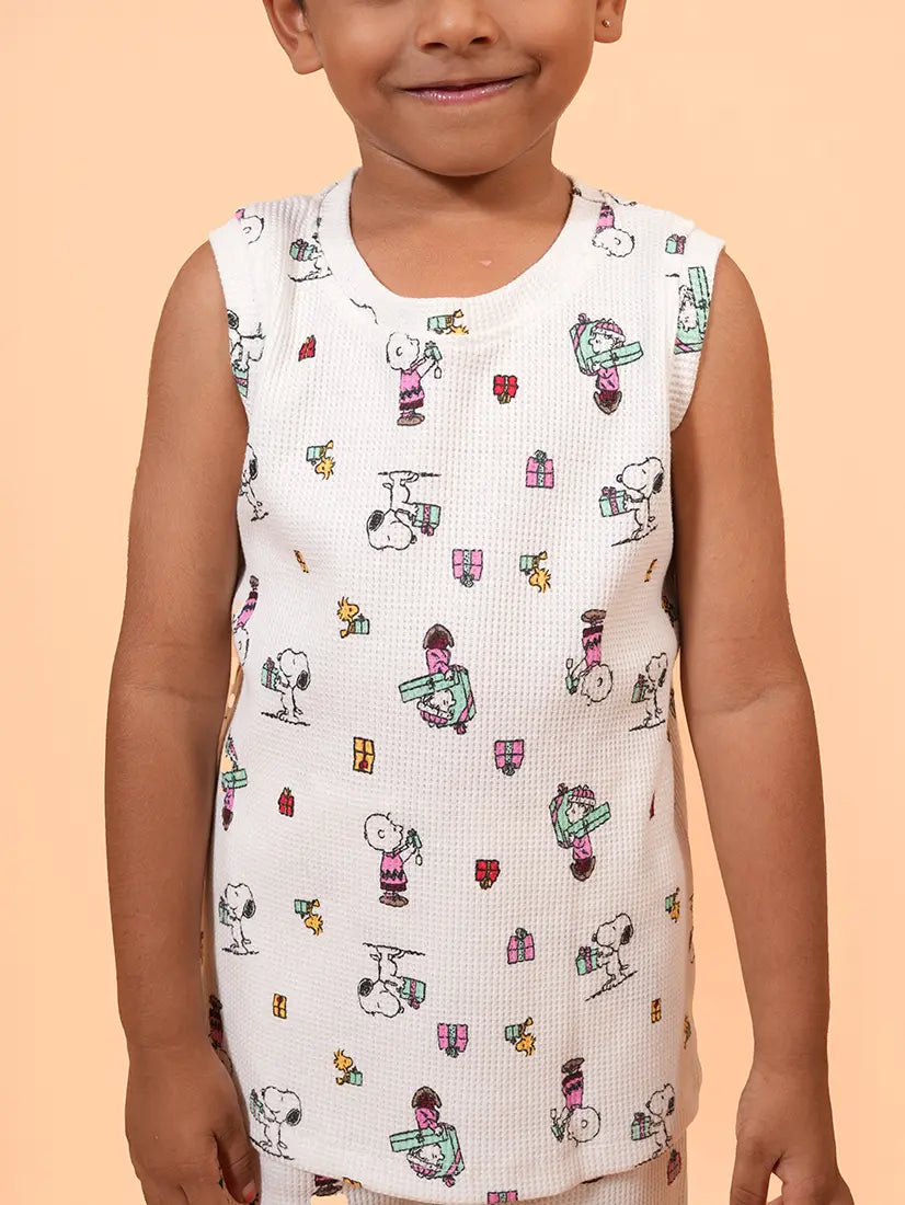 White Waffle Sleeveless Co-ord Set – Snoopy Print (173)