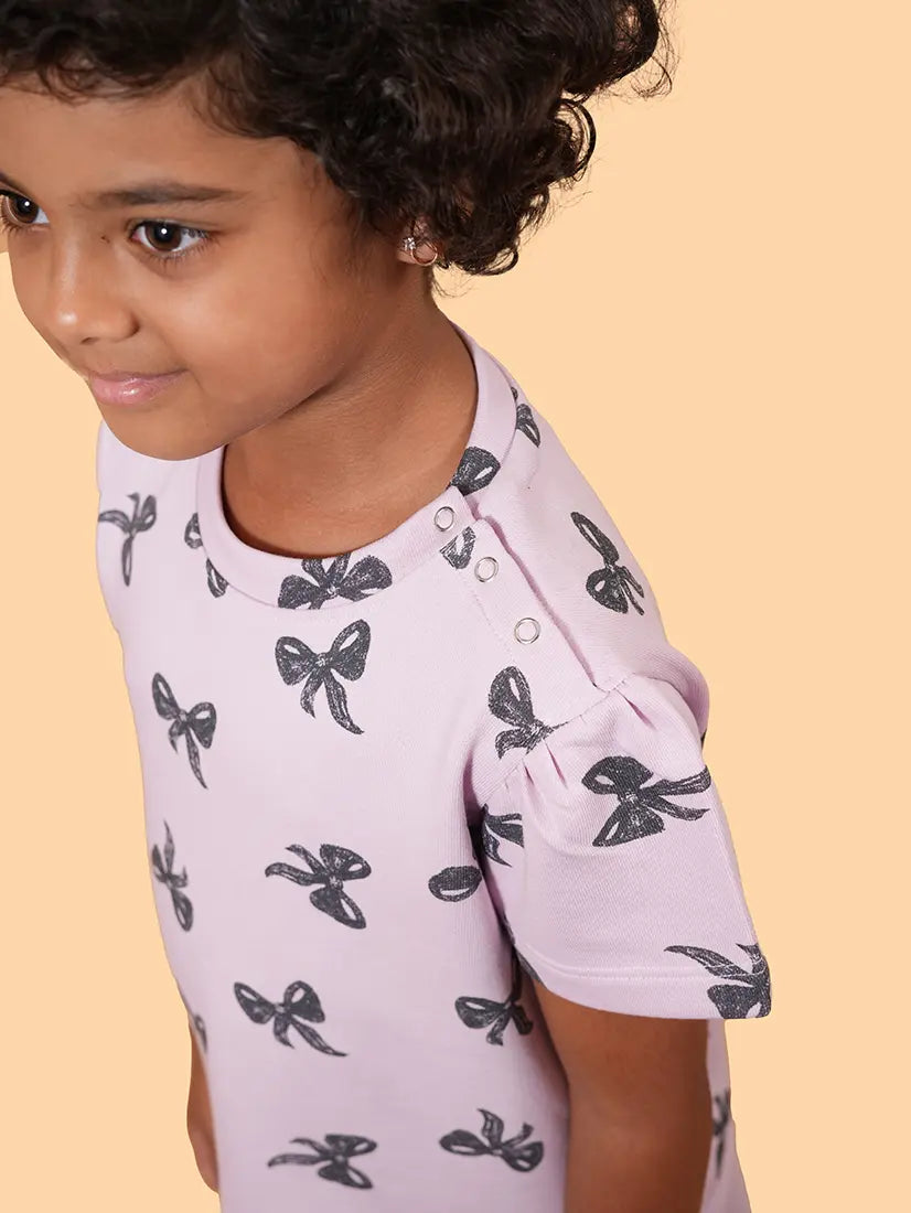Girls Purple Bow Charm Puff Sleeve Co-ord Set (286)
