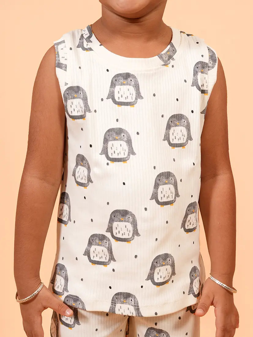 Off-White Penguin Print Sleeveless Co-ord Set – Drop Needle Cotton (160)