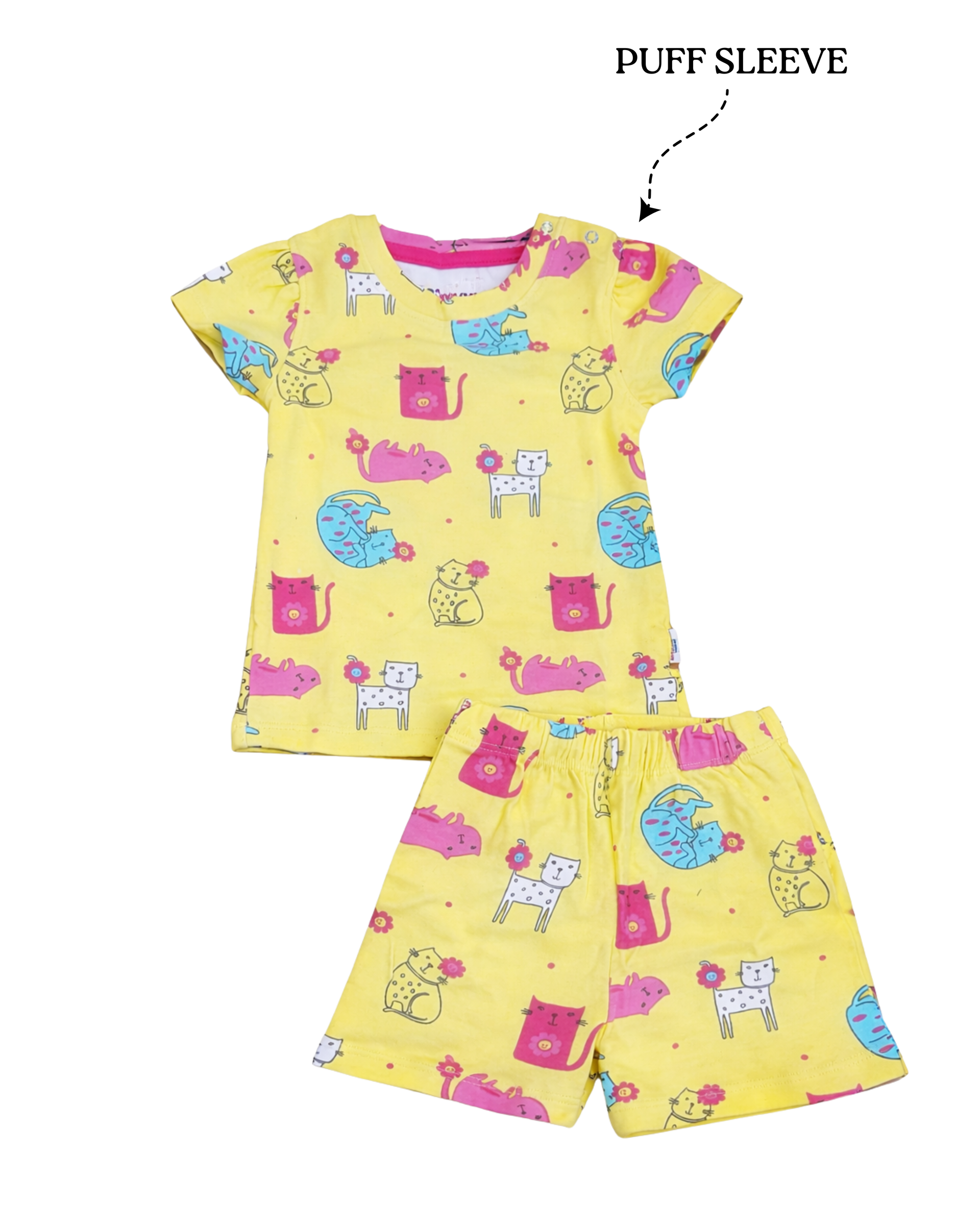 Girls Cat Print Puff Sleeve Co-ord set (391)