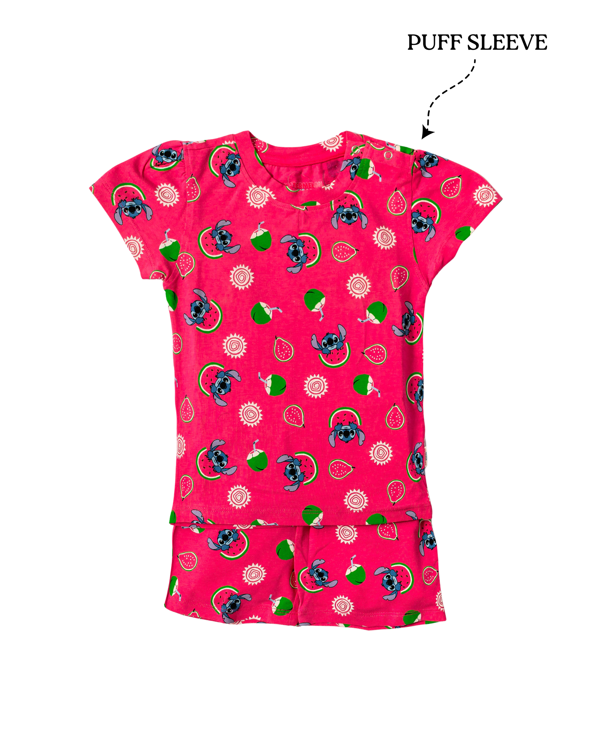 Girls Pink Watermelon Stitch Puff Sleeve Co-ord Set (247)