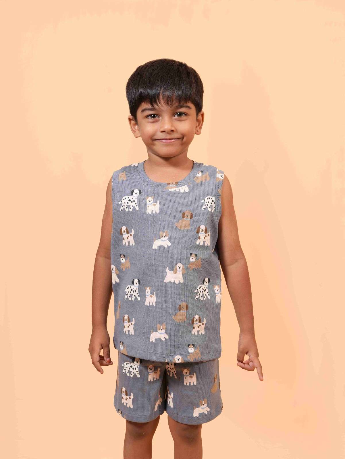 Blue Sleeveless Co-ord Set – All-Over Puppy Print