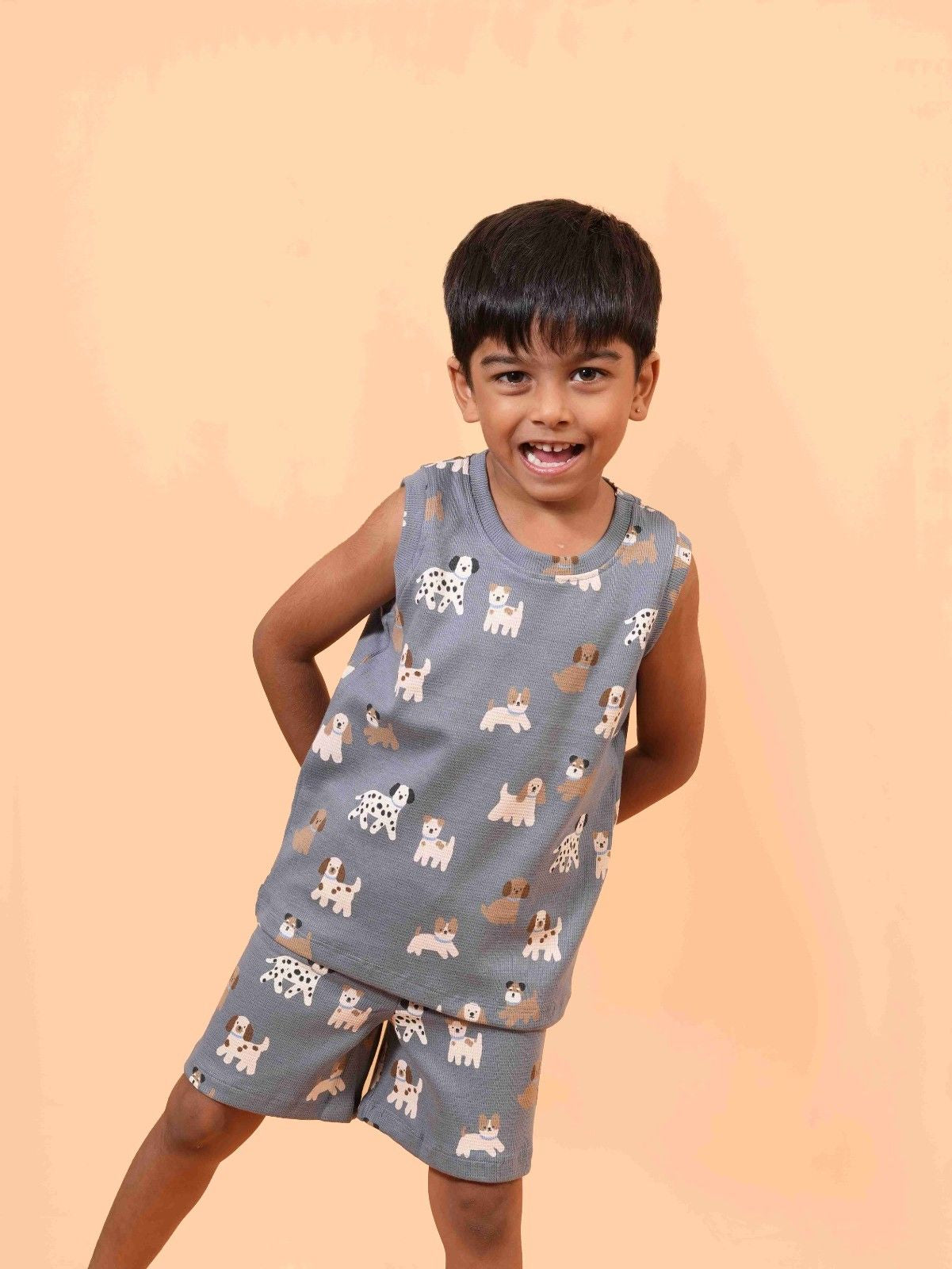 Blue Sleeveless Co-ord Set – All-Over Puppy Print