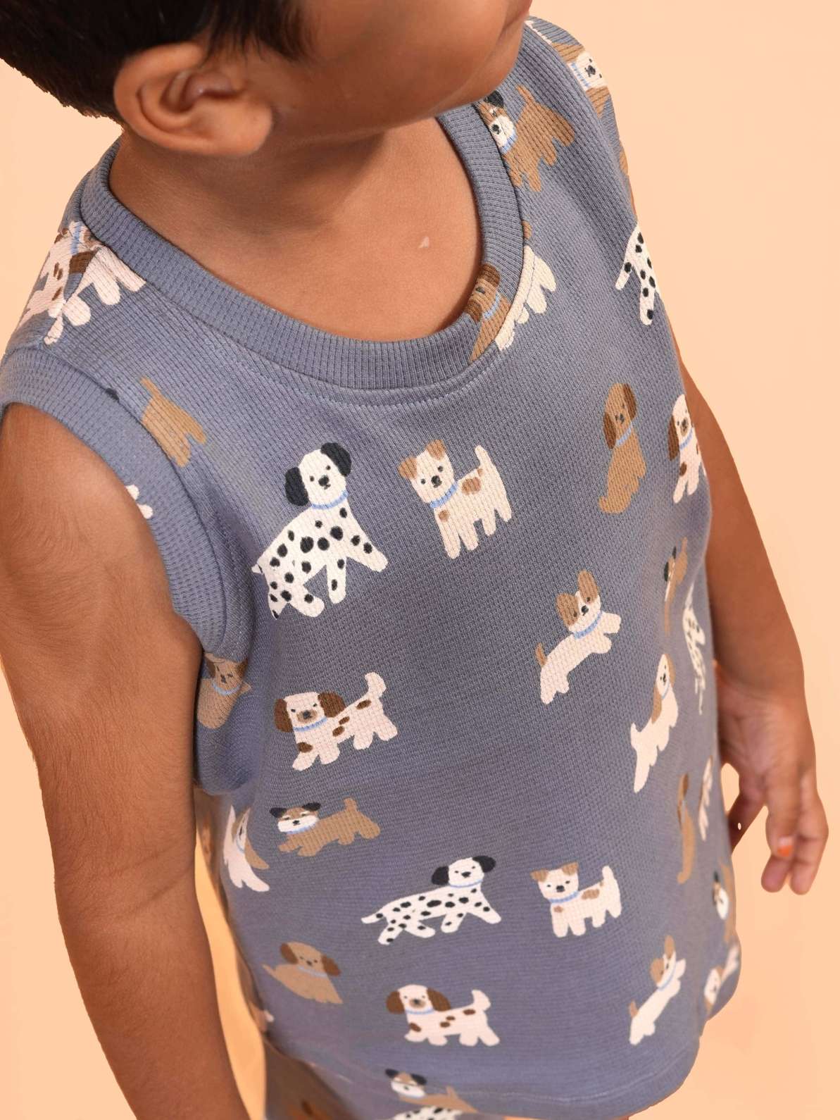 Blue Sleeveless Co-ord Set – All-Over Puppy Print