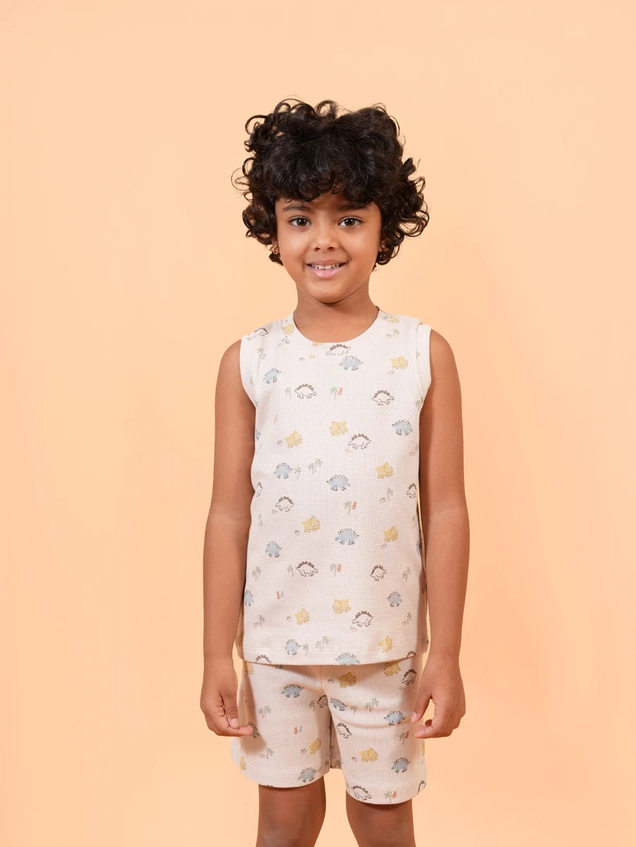 Light Biscuit Sleeveless Dinosaur Print Co-ord Set