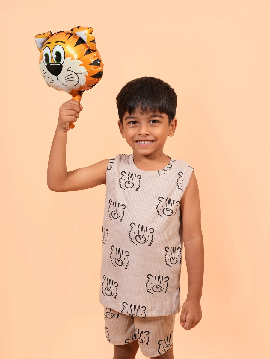 Brown Tiger Face Print Sleeveless Co-ord Set