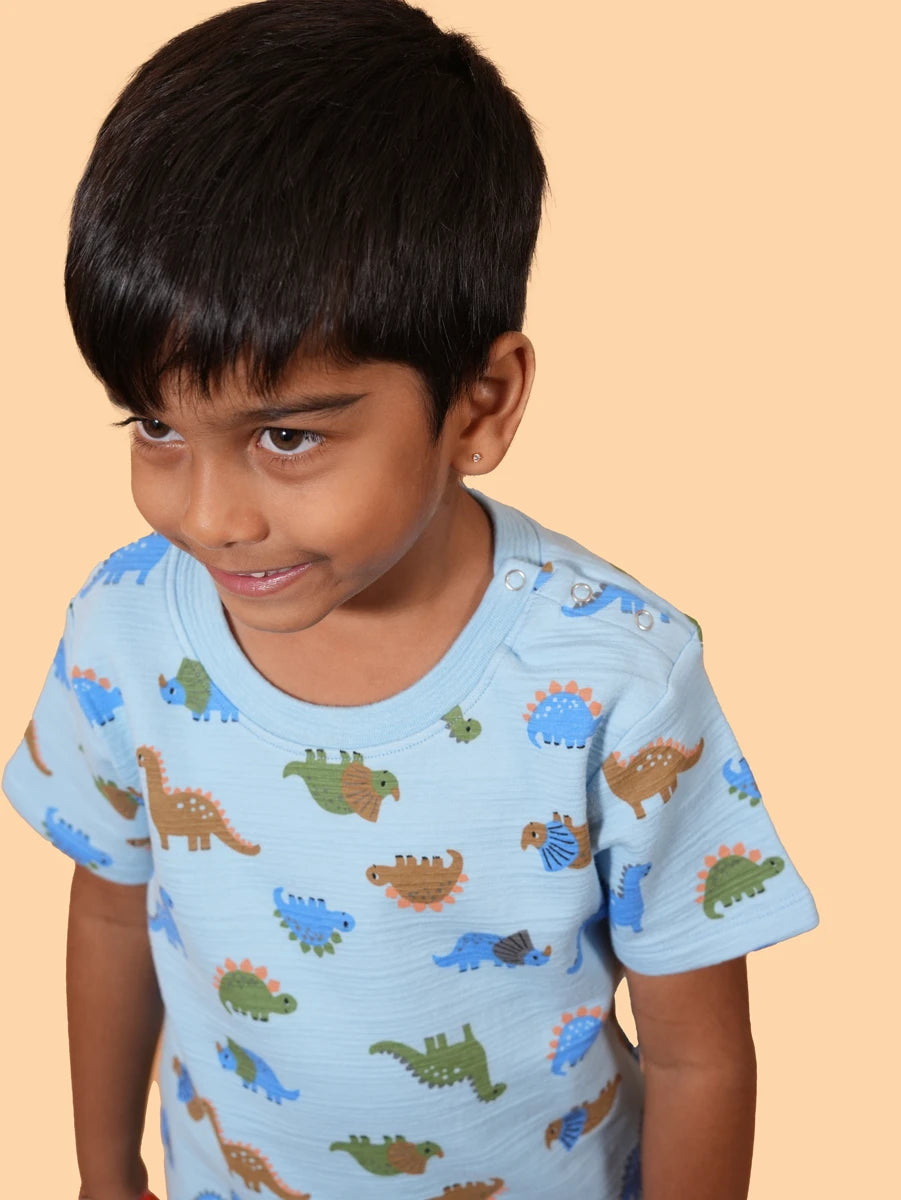 Blue Dino Adventure Co-ord Set | 100% Cotton Lycra Jersey Double Layered | 6–12M to 5–6Y