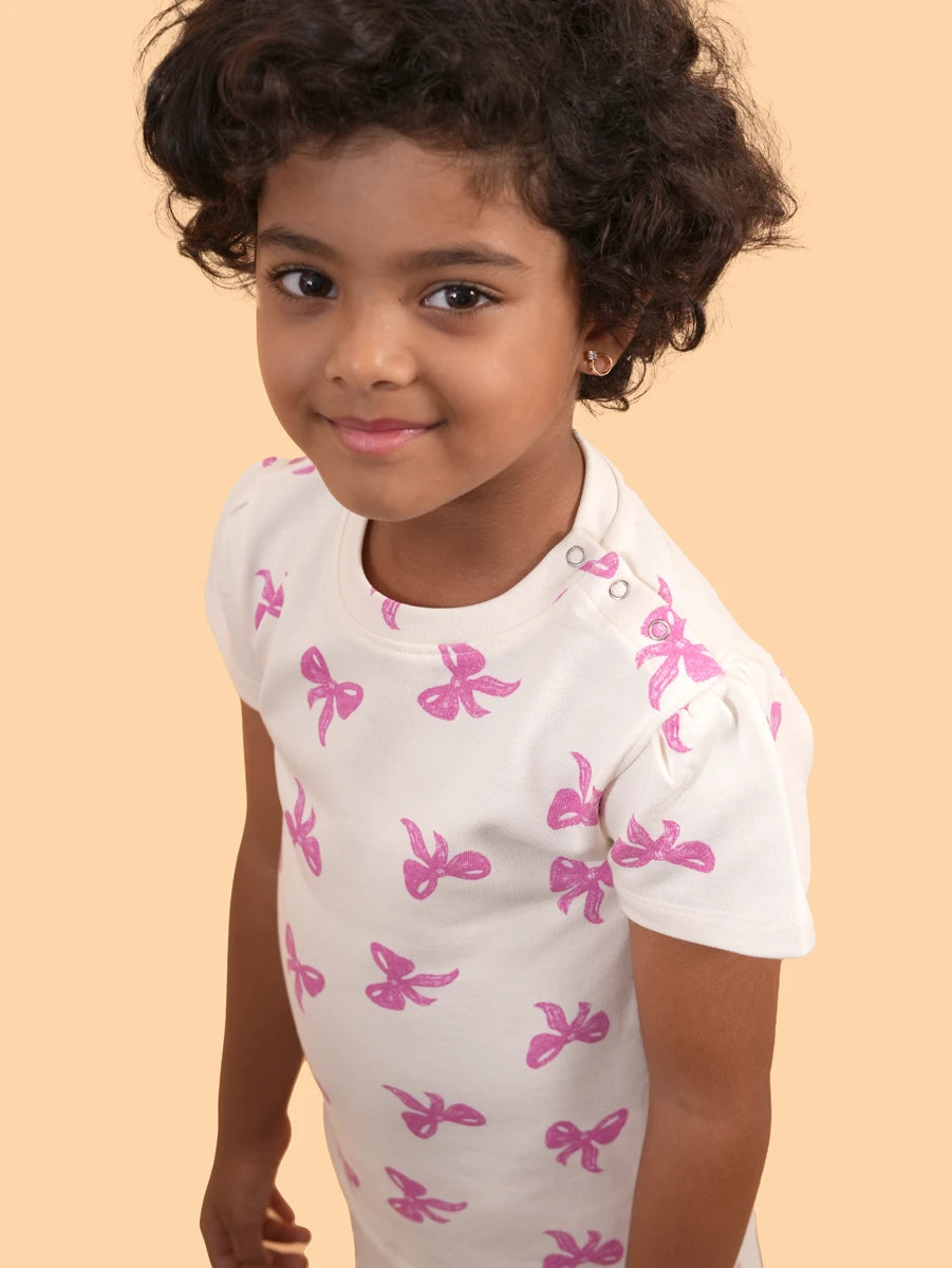 White & Pink Bow Puff Sleeve Co-ord Set | 100% Cotton Loopknit | 1–2Y to 5–6Y