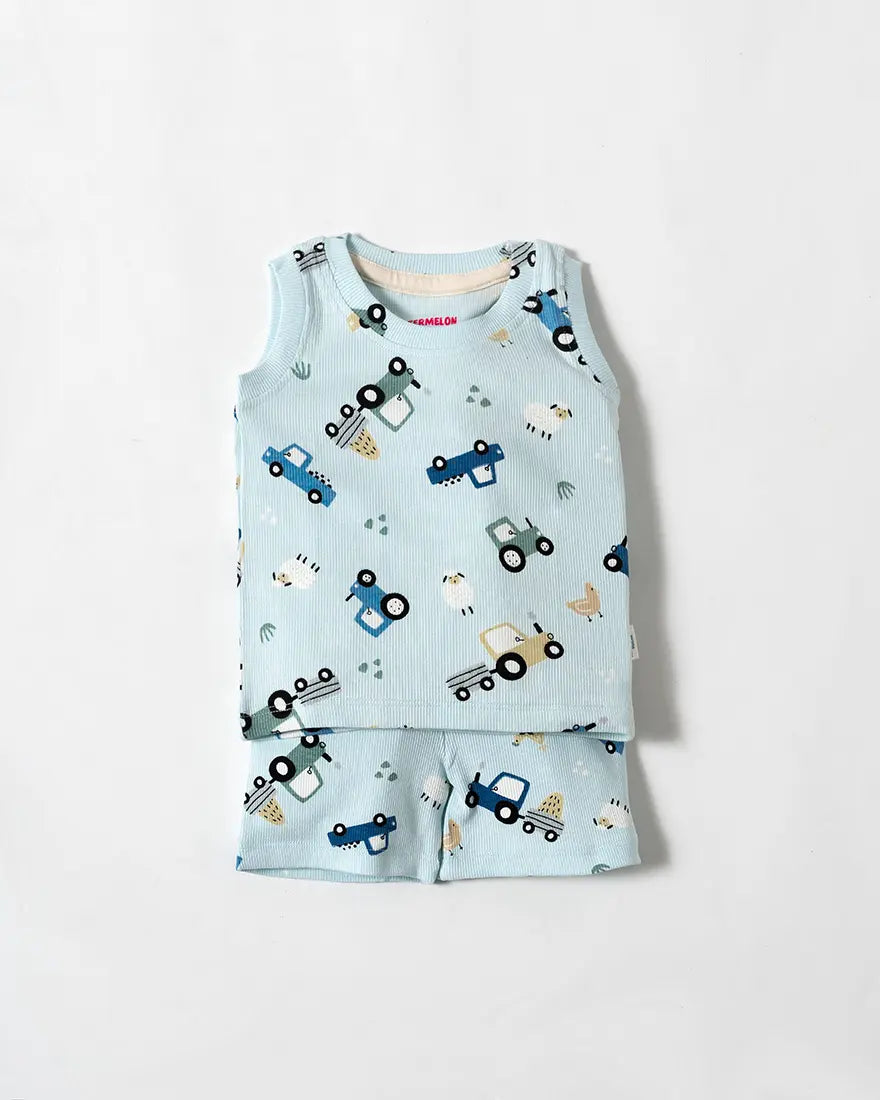 Little Wheels Sky Blue Sleeveless Co-ord Set