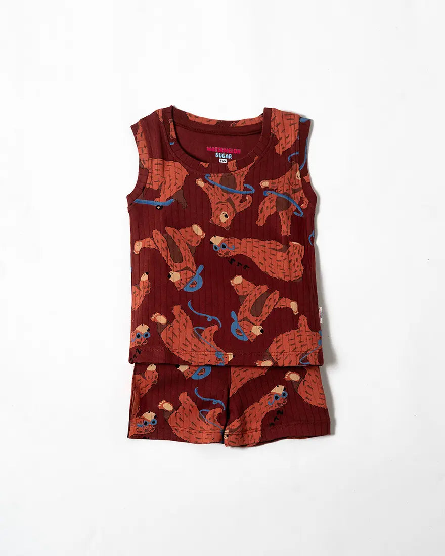 Maroon Bear Parade Sleeveless Co-ord Set