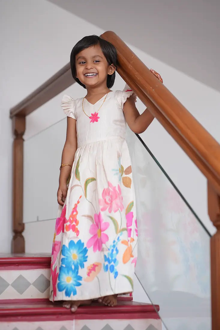 White Floral Print Festive Full Frock